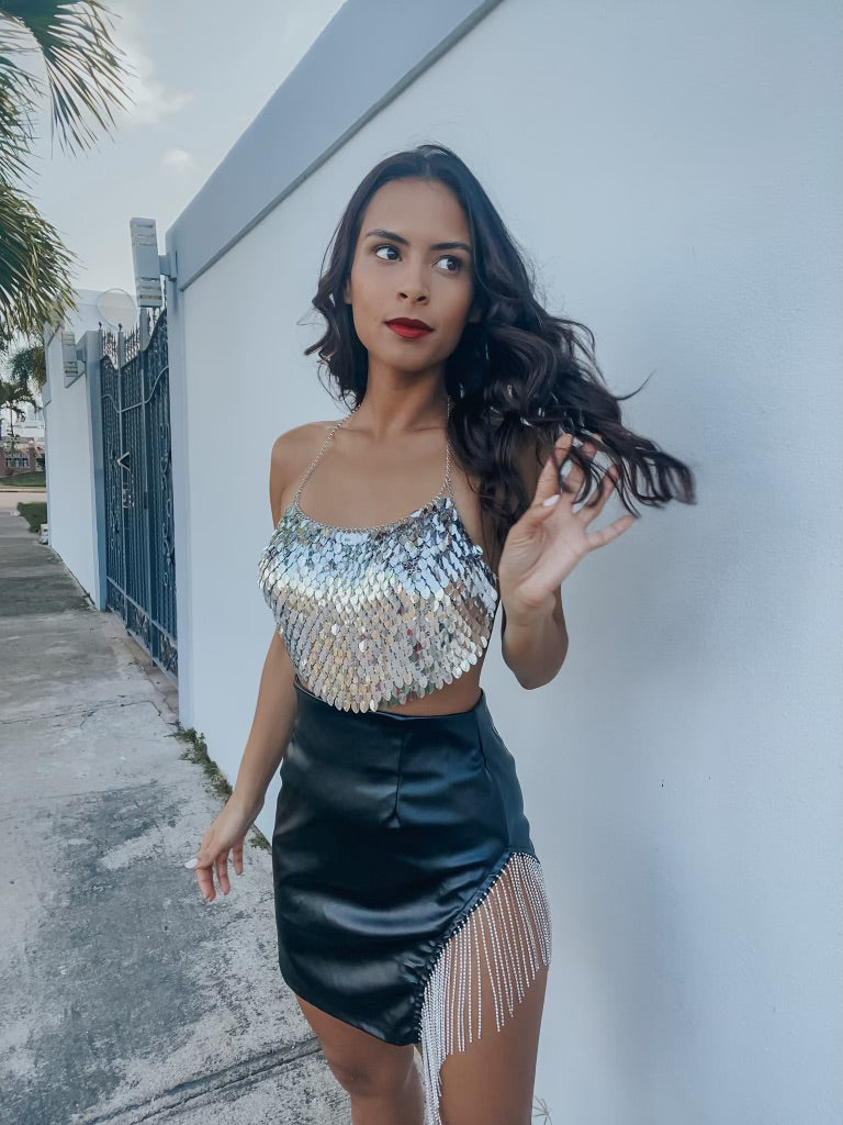 FRINGE RHINESTONE LEATHER MINI