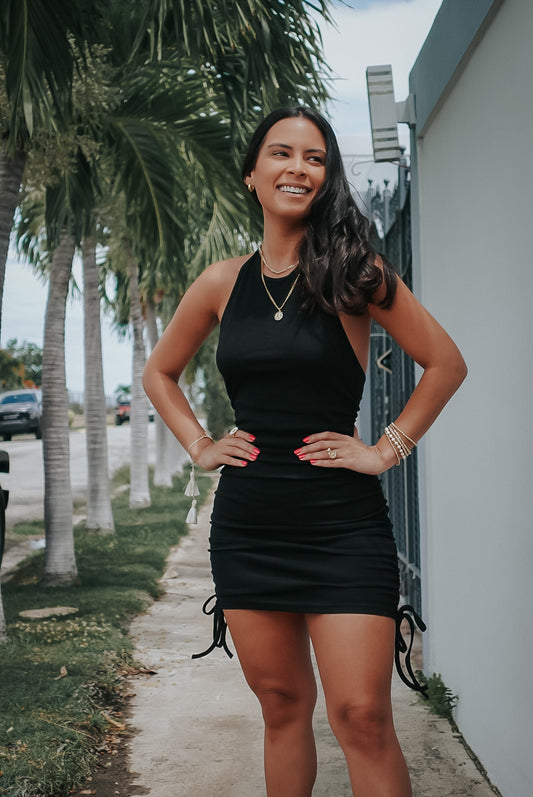 RUCHED HALTER MINI DRESS