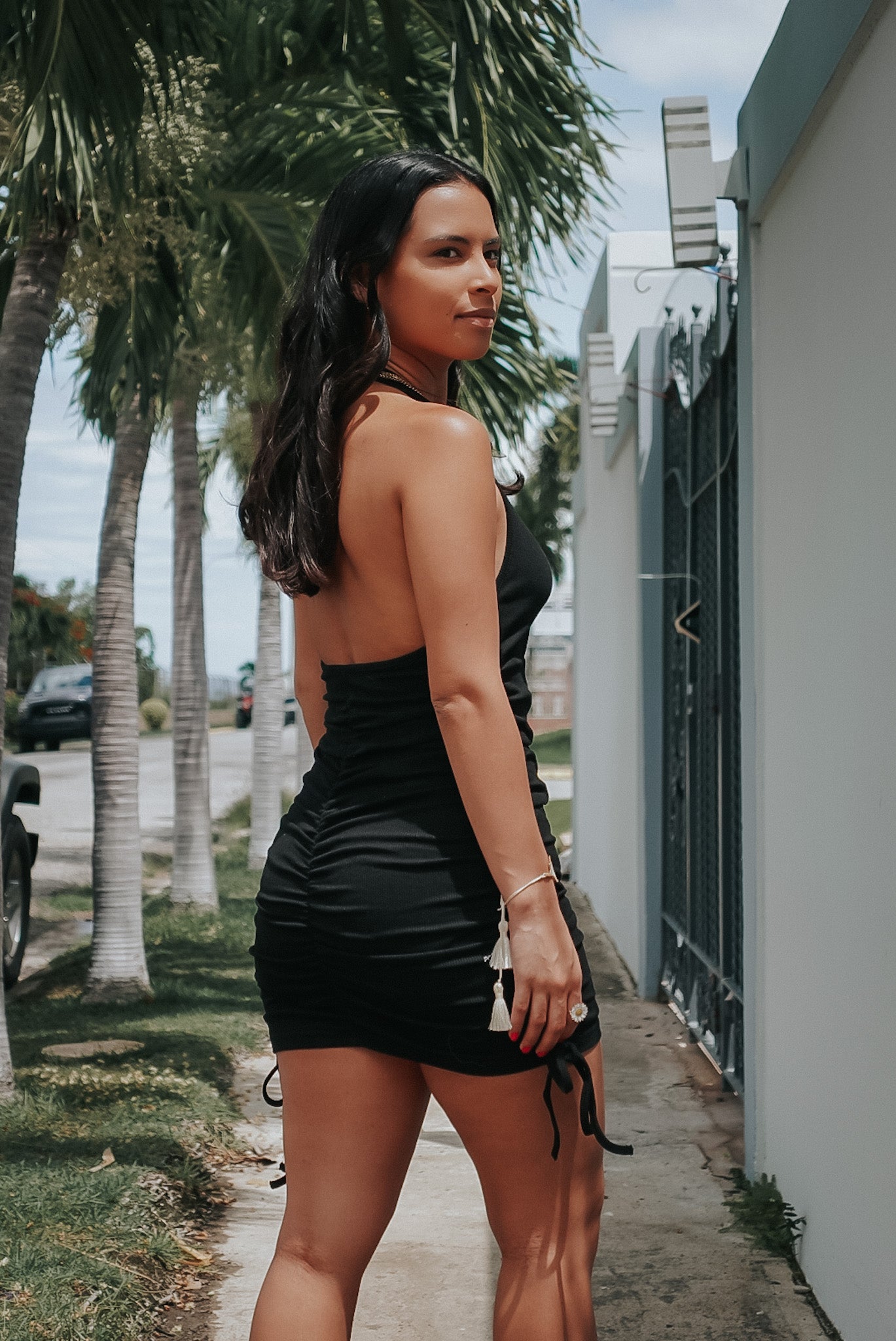RUCHED HALTER MINI DRESS