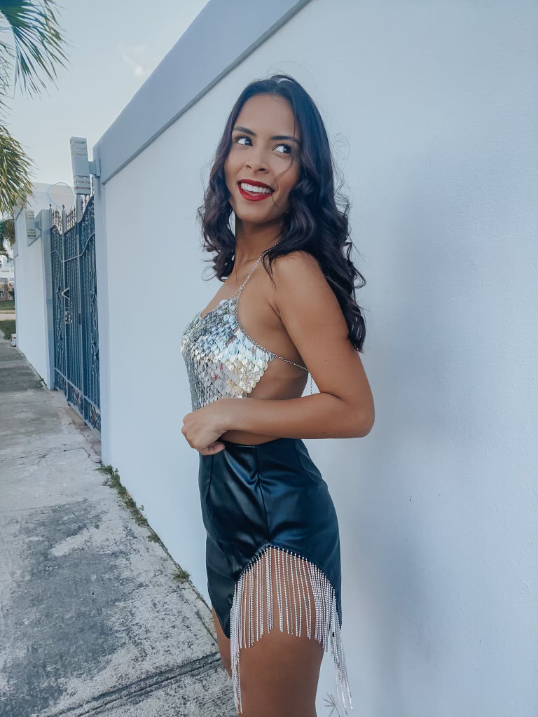 FRINGE RHINESTONE LEATHER MINI